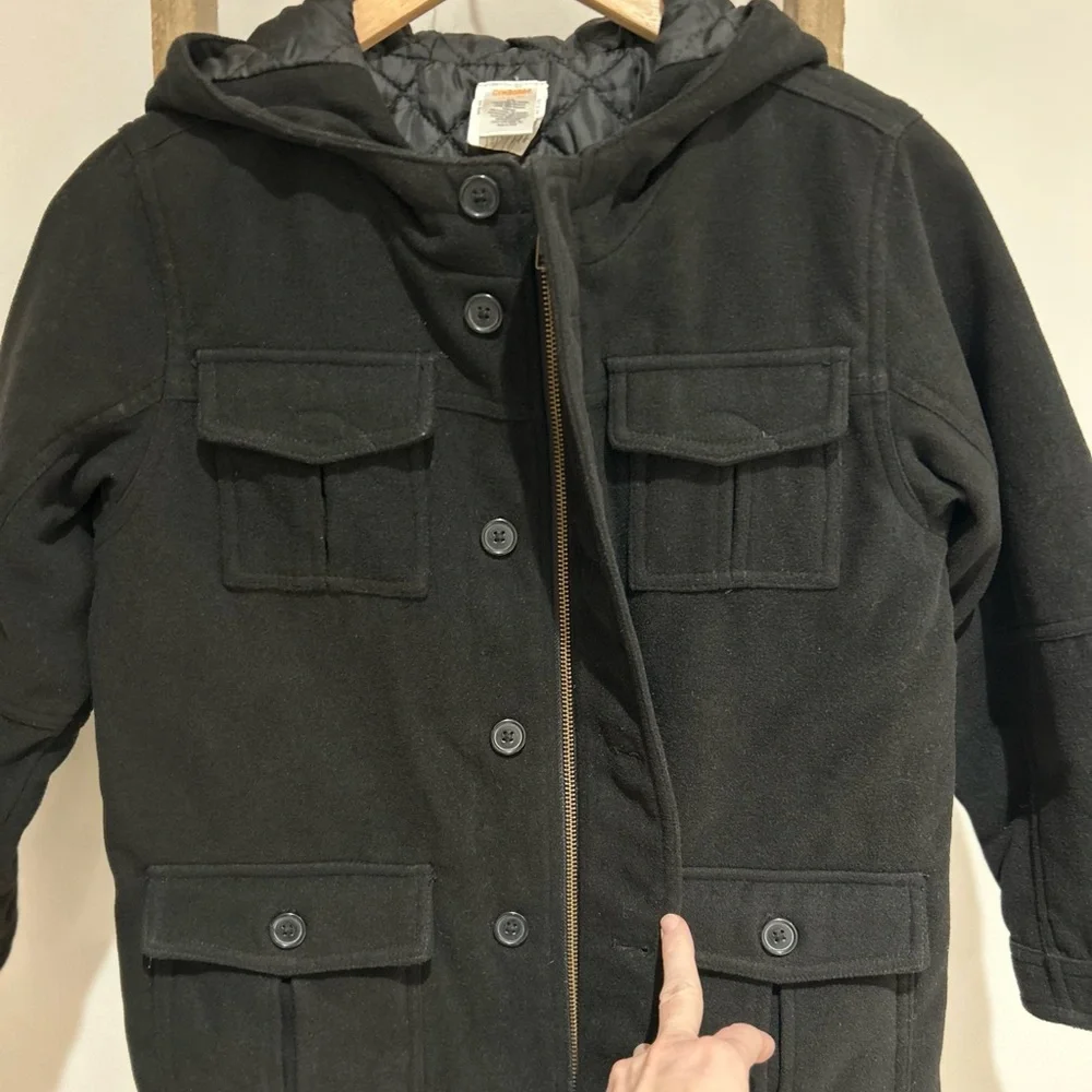 Gymboree Boys Black Car Hooded Coat Button Up Zip Up Pockets Winter Size M 7-8